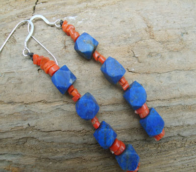 Lapis and Coral Stack Earrings- long and sleek
